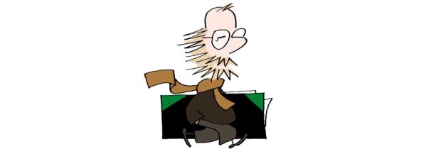 Self-portrait of the caricaturist walking with a portfolio tucked under his arm.