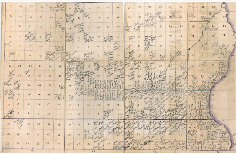 Hand-drawn map from the late 1800s depicting Icelandic settler homesteads around Lake Winnipeg, with numbered sections and handwritten names marking individual plots.