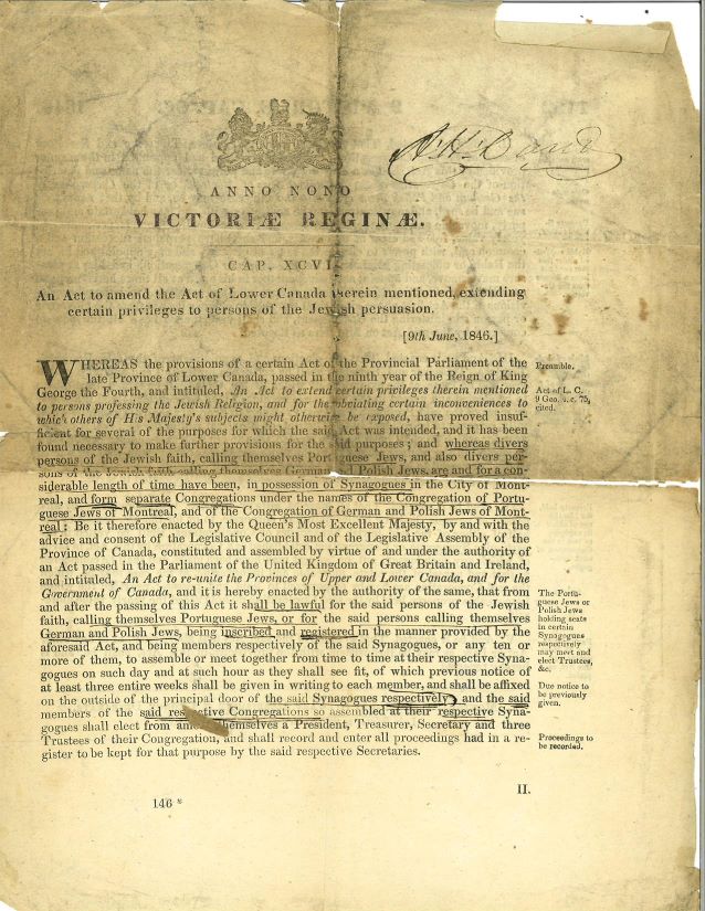 The first page of the Act of Lower Canada officially incorporating the Shaar Hashomayim in 1846.