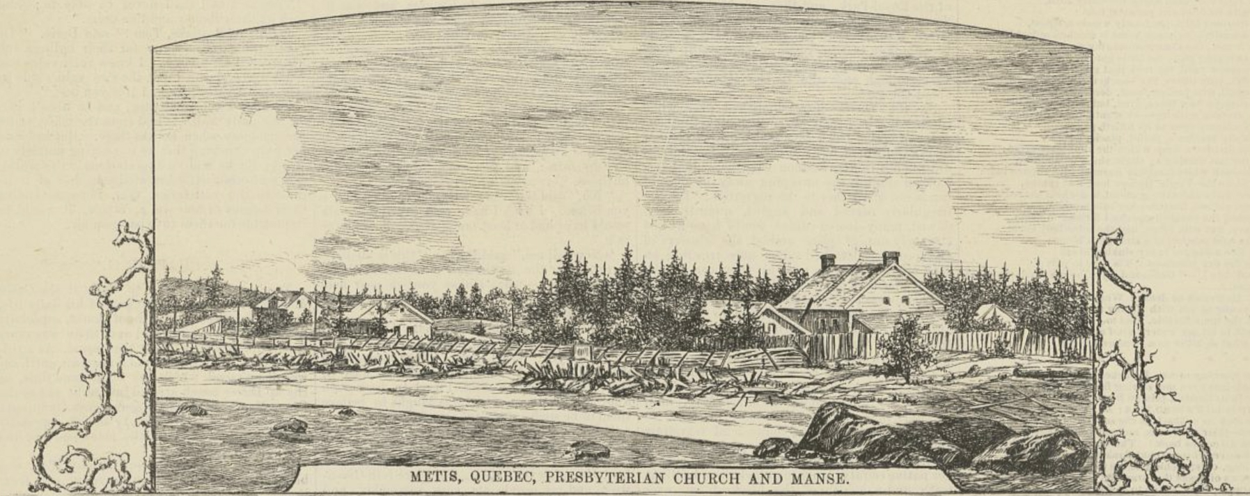 1878 engraving reproduced in a newspaper. This is a riverside landscape featuring the Presbyterian Church and its manse. The buildings are surrounded by evergreen trees. In the foreground the St. Lawrence River and the beach. The buildings line a dirt road bordered by a wooden picket fence. At the bottom of the engraving the legend reads
