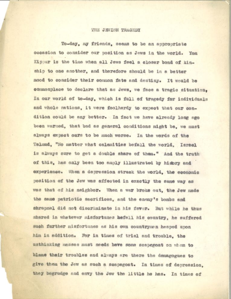 The first page of a sermon by Rabbi Herman Abramowitz entitled