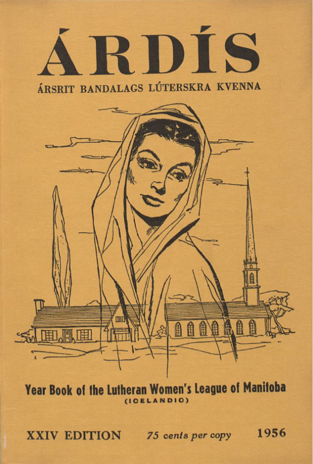 A dark yellow magazine cover featuring an illustration in black ink of a young woman from the shoulders up with dark hair wearing a hood. In the background there are two small buildings. The one on the right is a church. There is text printed in black ink above and below the illustration.